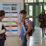 Children eat a balanced lunch together at tables in a bright school cafeteria.