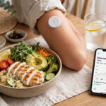 A healthy balanced meal bowl on a table beside a smartphone showing glucose readings.