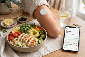 A healthy balanced meal bowl on a table beside a smartphone showing glucose readings.