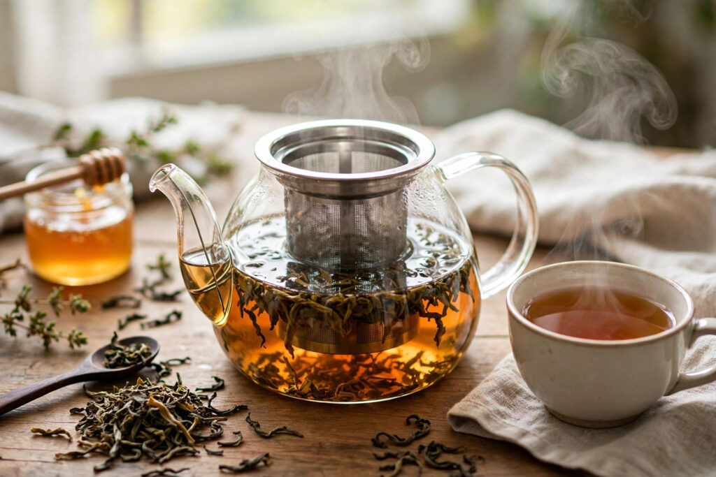 Loose-leaf tea brewing in a clear glass teapot beside a cup of amber tea.