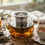 Loose-leaf tea brewing in a clear glass teapot beside a cup of amber tea.
